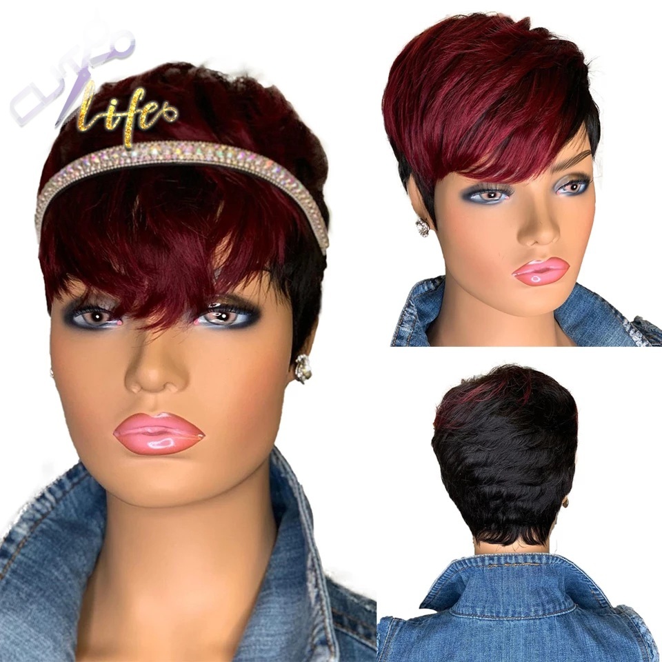 Red Burgundy 99J Ombre Color Short Wavy Bob Pixie Cut Wigs Full Machine Made Non