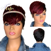 Red Burgundy 99J Ombre Color Short Wavy Bob Pixie Cut Wigs Full Machine Made Non - £47.18 GBP