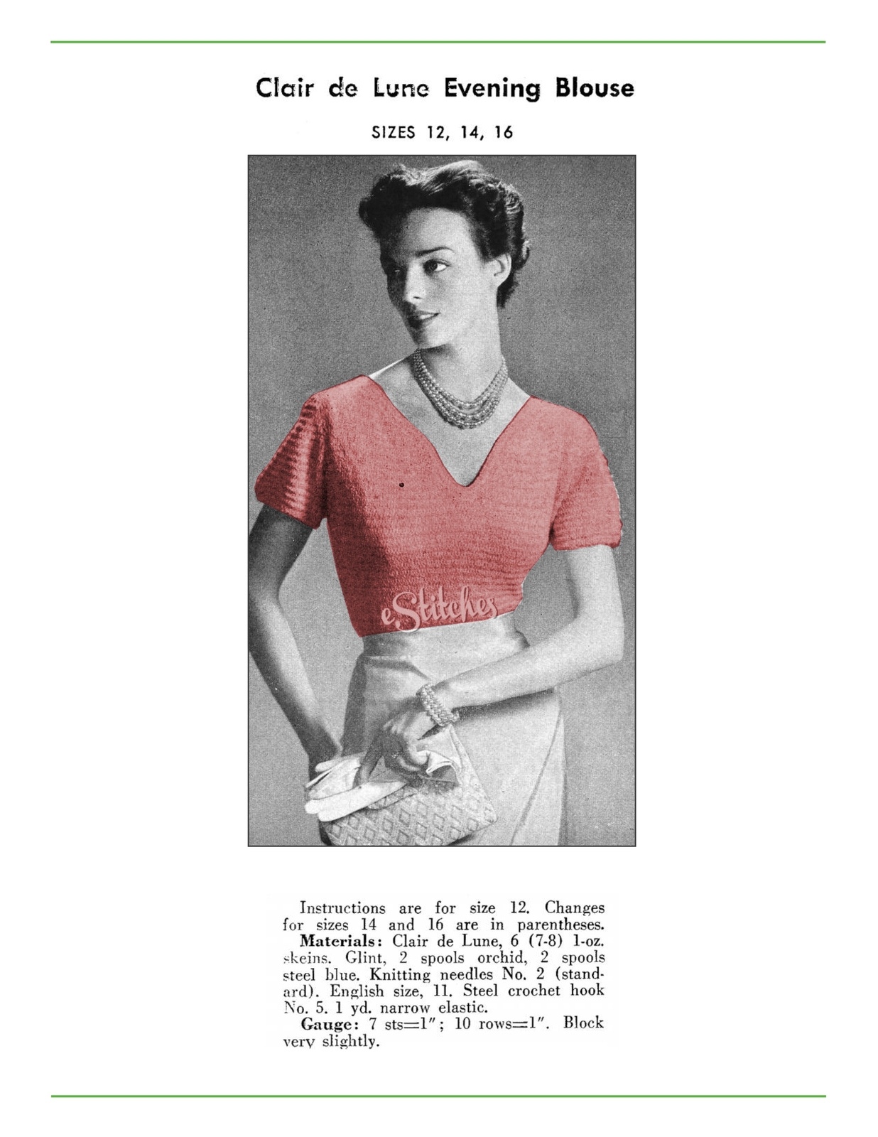 1950s Ribbon Sweater with V Neckline, Short Sleeves  - Knit pattern (PDF 0226) - $3.75