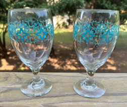 2 Vintage LIBBEY Drinking Glasses Water Goblets 15 Oz Clear Teal Flowers 7&quot; EUC - $19.99