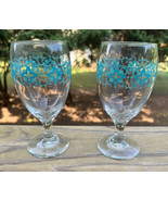 2 Vintage LIBBEY Drinking Glasses Water Goblets 15 Oz Clear Teal Flowers... - £15.95 GBP