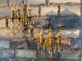 VINTAGE ORNATE Classic Gold BRASS WALL Wired Pair of SCONCES applique 3 ... - $372.72 CAD