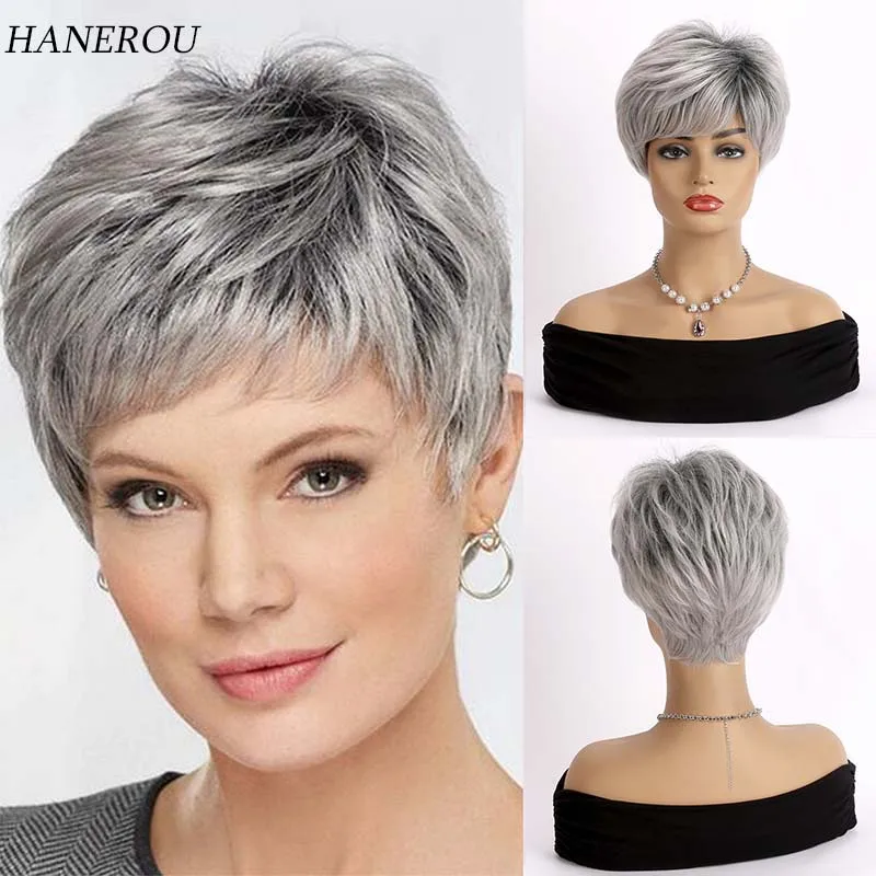 Short Silver Gray Wigs Pixie Cut Synthetic Wigs with Bangs for Black Women Hi - £17.67 GBP