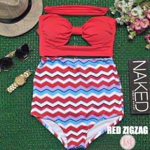 Red Zigzag - Retro Vintage Pin Up Cut Out High Waist Bikini Swimwear Swimsuit - £27.53 GBP