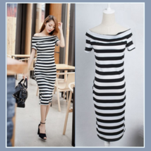 Black or Green Striped Off Shoulder Strapless Straight Sheath Cotton Maxi Dress image 2