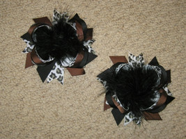 New &quot;Set Of 2   Chocolate Leopard Poof&quot; Fur Hairbow Alligator Clips Girls Ribbon - £7.89 GBP