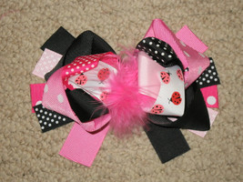 NEW &quot;Pink &amp; Black LADYBUGS&quot; Fur Hairbow Alligator Clips Girls Ribbon Bows 5.5 in - £6.31 GBP