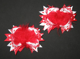 New &quot;Set Of 2   Valentine Funky Hearts&quot; Fur Hairbow Alligator Clips Girls Ribbon - £7.45 GBP