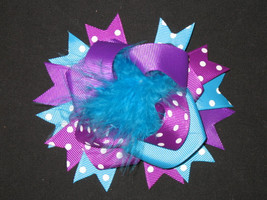 New &quot;Purple &amp; Turquoise Poof&quot; Fur Hairbow Alligator Clips Girls Ribbon Hair Bows - £4.73 GBP
