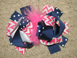NEW &quot;Navy &amp; Pink CHEVRON&quot; Fur Hairbow Alligator Clips Girls Ribbon Bows 5.5 Inch - £6.40 GBP