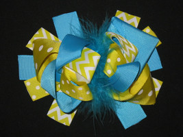 NEW &quot;Yellow &amp; Blue CHEVRON&quot; Fur Hairbow Alligator Clips Girls Ribbon Bows 5.5 in - £6.36 GBP