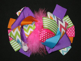 New &quot;Rainbow Chevron&quot; Fur Hairbow Alligator Clips Girls Ribbon Bows 5.5 Inches - £6.44 GBP