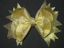 NEW &quot;METALLIC GOLD&quot; Sparkly Hairbow Alligator Clips Girls Ribbon Bows 5 ... - £3.12 GBP