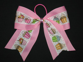 NEW &quot;PINK CUPCAKES&quot; Cheer Bow Birthday Party Pony Tail 3 Inch Ribbon Gir... - £7.91 GBP