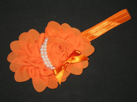 NEW &quot;SHABBY PEARL - Orange&quot; Chiffon Flower Headband Girls Hair Bow Hairbow Baby - £3.18 GBP