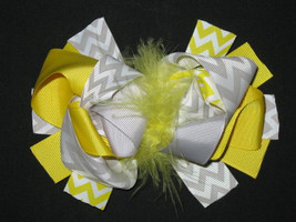 NEW &quot;Yellow &amp; Gray CHEVRON&quot; Fur Hairbow Alligator Clips Girls Ribbon Bows 5.5 in - £6.38 GBP