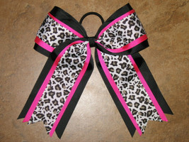 New &quot;Leopard Black Pink&quot; Cheer Hair Bow Pony Tail 3 In Ribbon Girls Cheerleading - £7.02 GBP