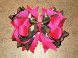 New &quot;HOT PINK CAMO&quot; Grosgrain Hairbow Alligator Clips Girls Ribbon Bows 5 Inches - £3.98 GBP