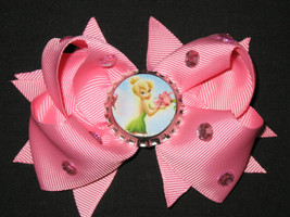 NEW &quot;TINKERBELL&quot; Pink Rhinestone Hair Bow Girls Ribbon Clip Disney Pixie Fairy - £5.50 GBP