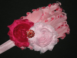 NEW &quot;Hot Pink &amp; Light Pink Flower&quot; Nagorie Feather Headband Girls Hair Bow Chic - £7.81 GBP