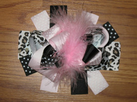 NEW &quot;PINK LEOPARD Black&quot; Fur Hairbow Alligator Clips Girls Ribbon Bows 5 Inches  - £6.31 GBP