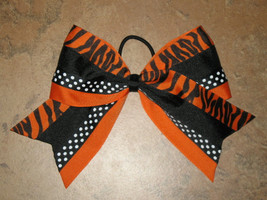 New &quot;Orange Tiger Dots&quot; Cheer Bow Pony Tail 3 Inch Ribbon Girls Cheerleading - £7.85 GBP