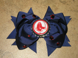 NEW &quot;BOSTON Red Sox&quot; Pro Baseball Girls Ribbon Hair Bow Rhinestone Clip MLB - £5.49 GBP