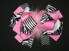 NEW &quot;Black Pink ZEBRA&quot; Fur Hairbow Alligator Clips Girls Ribbon Bows 5.5... - £6.36 GBP