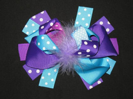 NEW &quot;BLUE &amp; PURPLE Dot&quot; Fur Hairbow Alligator Clips Girls Ribbon Bows 5.... - £6.28 GBP