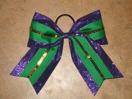 NEW &quot;MARDI GRAS Sequin Glitter&quot; Cheer Bow Pony Tail 3&quot; Ribbon Girls Chee... - £7.96 GBP