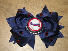 NEW &quot;ATLANTA Braves&quot; Pro Baseball Girls Ribbon Hair Bow Rhinestone Clip MLB - £5.60 GBP