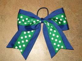 New &quot;GREEN &amp; NAVY DOTS&quot; Cheer Bow Pony Tail 3 Inch Ribbon Girls Cheerleading Dan - £8.01 GBP