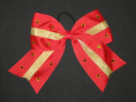 NEW &quot;RED &amp; GOLD Bling&quot; Cheer Bow Pony Tail 3 Inch Ribbon Girls Cheerleading Hair - £7.97 GBP