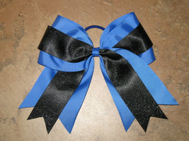 NEW &quot;BLUE &amp; BLACK Glitter&quot; Cheer Bow Pony Tail 3 Inch Ribbon Girls Cheerleading  - £7.17 GBP