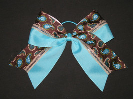 New &quot;Teal &amp; Mocha Paisley&quot; Cheer Bow Pony Tail 3 Inch Ribbon Girls Cheerleading  - £8.01 GBP