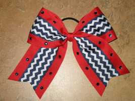 New &quot;NAVY &amp; RED CHEVRON Bling&quot; Cheer Bow Pony Tail 3&quot; Ribbon Girls Cheerleading  - £7.94 GBP