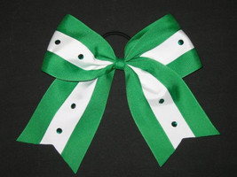 NEW &quot;GREEN &amp; WHITE Bling&quot; Cheer Bow Pony Tail 3 Inch Ribbon Girls Cheerleading - £7.83 GBP