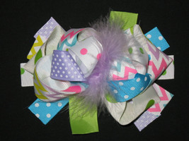 New &quot;Pastel Chevron&quot; Fur Hairbow Alligator Clips Girls Ribbon Bows 5.5 In Easter - £6.44 GBP