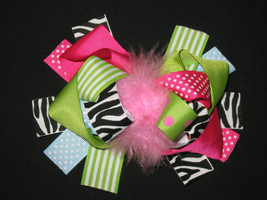 NEW &quot;Multi Lime ZEBRA&quot; Fur Hairbow Alligator Clips Girls Ribbon Bows 5.5 Inches  - £6.28 GBP