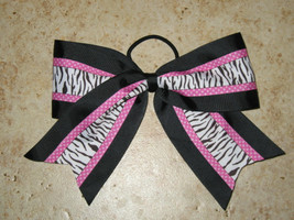 NEW &quot;Black &amp; Pink ZEBRA&quot; Cheer Bow Pony Tail 3 Inch Ribbon Girls Hair Bows Cheer - £8.03 GBP