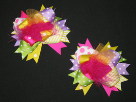 New &quot;Set Of 2   Birthday Poof Tulle&quot; Fur Hair Bow Alligator Clips Girls Holiday - £8.78 GBP