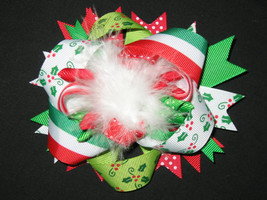 New &quot;Holly &amp; Stripes&quot; Fur Christmas Hair Bow Alligator Clips Girls Ribbon - £5.58 GBP