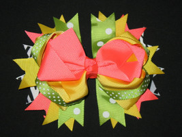 NEW &quot;CORAL &amp; LIME Zebra&quot; Grosgrain Hairbow Alligator Clips Girls Ribbon ... - £3.90 GBP