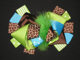 NEW &quot;Lime Blue GIRAFFE&quot; Fur Hairbow Alligator Clips Girls Ribbon Bows 5.5 Inches - £6.40 GBP