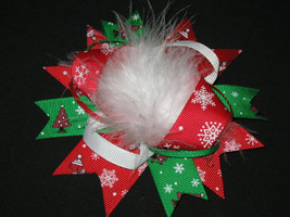 NEW &quot;CHRISTMAS POOF&quot; Fur Hairbow Alligator Clips Girls Ribbon Hair Bows ... - £4.73 GBP
