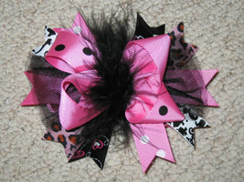 NEW &quot;FUNKY DAMASK Tulle&quot; Fur Hairbow Alligator Clips Girls Ribbon Bows 5... - £5.53 GBP