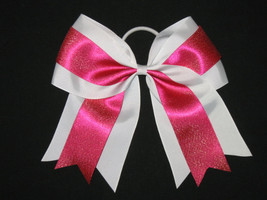 NEW &quot;PINK &amp; WHITE Glitter&quot; Cheer Bow Pony Tail 3 Inch Ribbon Hair Cheerl... - £7.07 GBP
