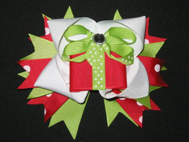 NEW &quot;CHRISTMAS PRESENT&quot; Polka-Dot Alligator Clips Girls Ribbon Hair Bows... - £5.57 GBP