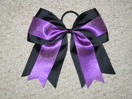 NEW &quot;BLACK &amp; PURPLE Glitter&quot; Cheer Bow Pony Tail 3 Inch Ribbon Girl Chee... - £7.10 GBP