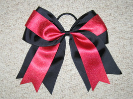 NEW &quot;BLACK &amp; RED Glitter&quot; Cheer Bow Pony Tail 3 Inch Ribbon Girls Hair Bow Cheer - £7.20 GBP